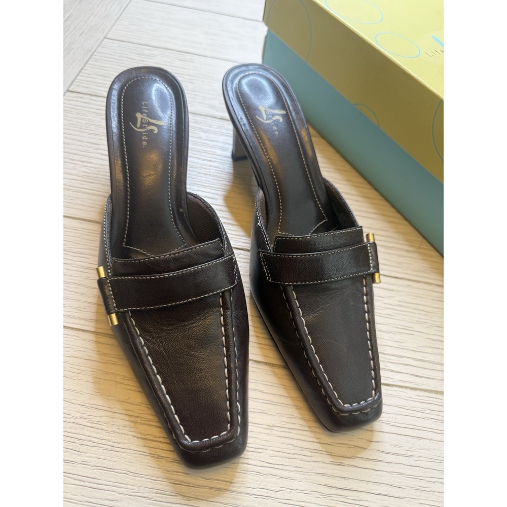 Life Stride Lucinda Sable 2.5" Kitten Heeled Mule Slides W/ Buckle. Sz 7.5M